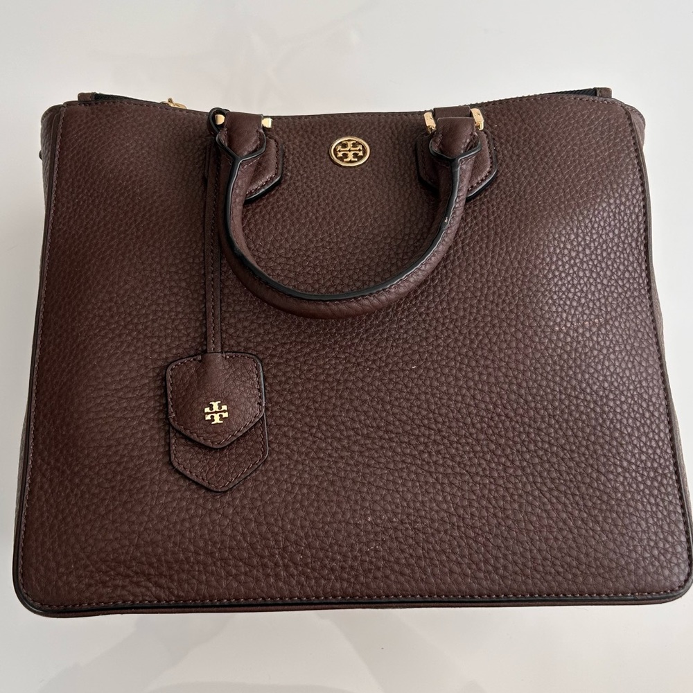 Tory Burch brown leather top handle tote adjustable long strap gold hardware